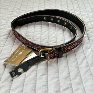 Patterned Black and Red Belt with Gold Buckle